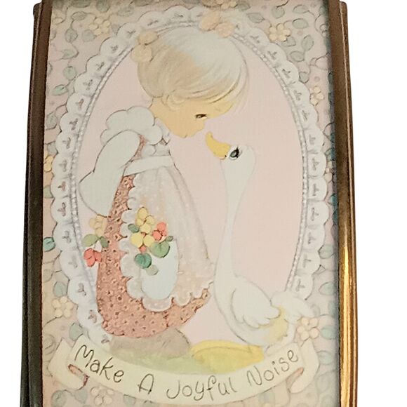 VTG Brass & Pink Slag Glass Trinket Box Cute Girl & Duck Make A Joyful Noise - Picture 4 of 16